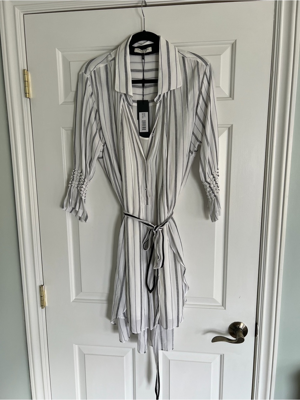 Halston Heritage White Belted Shirt Dress with Stripes